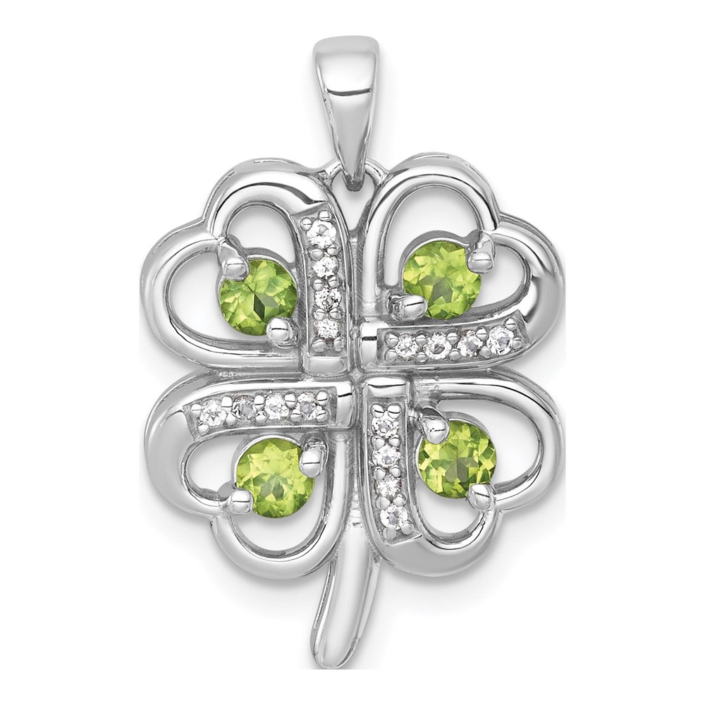 Sterling Silver Rhodium-Plated Polished Peridot And White Topaz 4-Leaf Clover Pendant