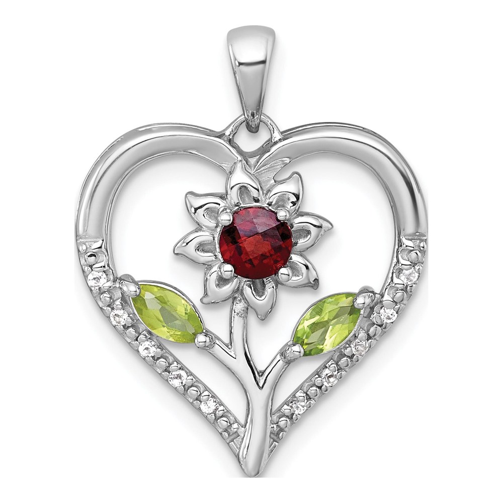 Sterling Silver Rhodium-Plated Polished Garnet, Peridot And White Topaz Flower In Heart Pendant