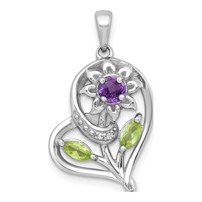 Sterling Silver Peridot & Amethyst Heart Flower Pendant