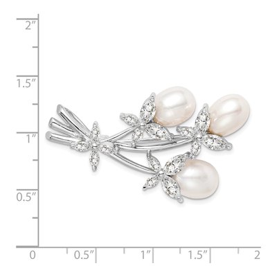 Sterling Silver Pearl & CZ Floral Brooch Pin – view 3