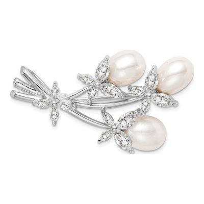 Sterling Silver Pearl & CZ Floral Brooch Pin