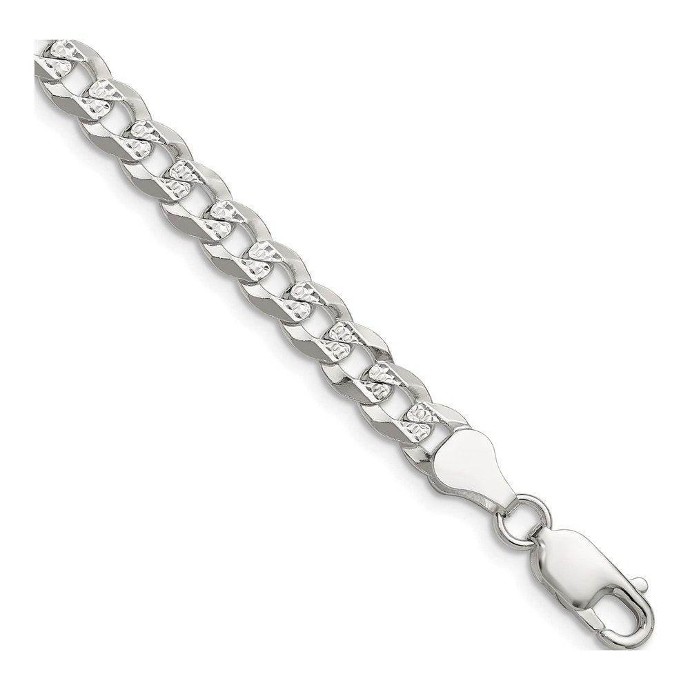 24 Inch Sterling Silver 5.9mm Flat Diamond-Cut Pave Curb Chain Necklace with Lobster Clasp