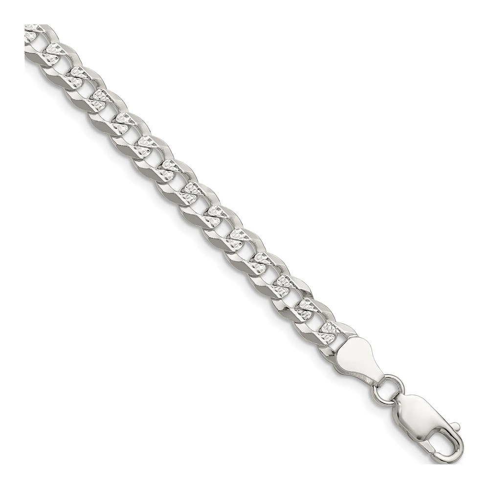 8 Inch Sterling Silver 5.9mm Flat Diamond-Cut Pave Curb Chain Bracelet with Lobster Clasp