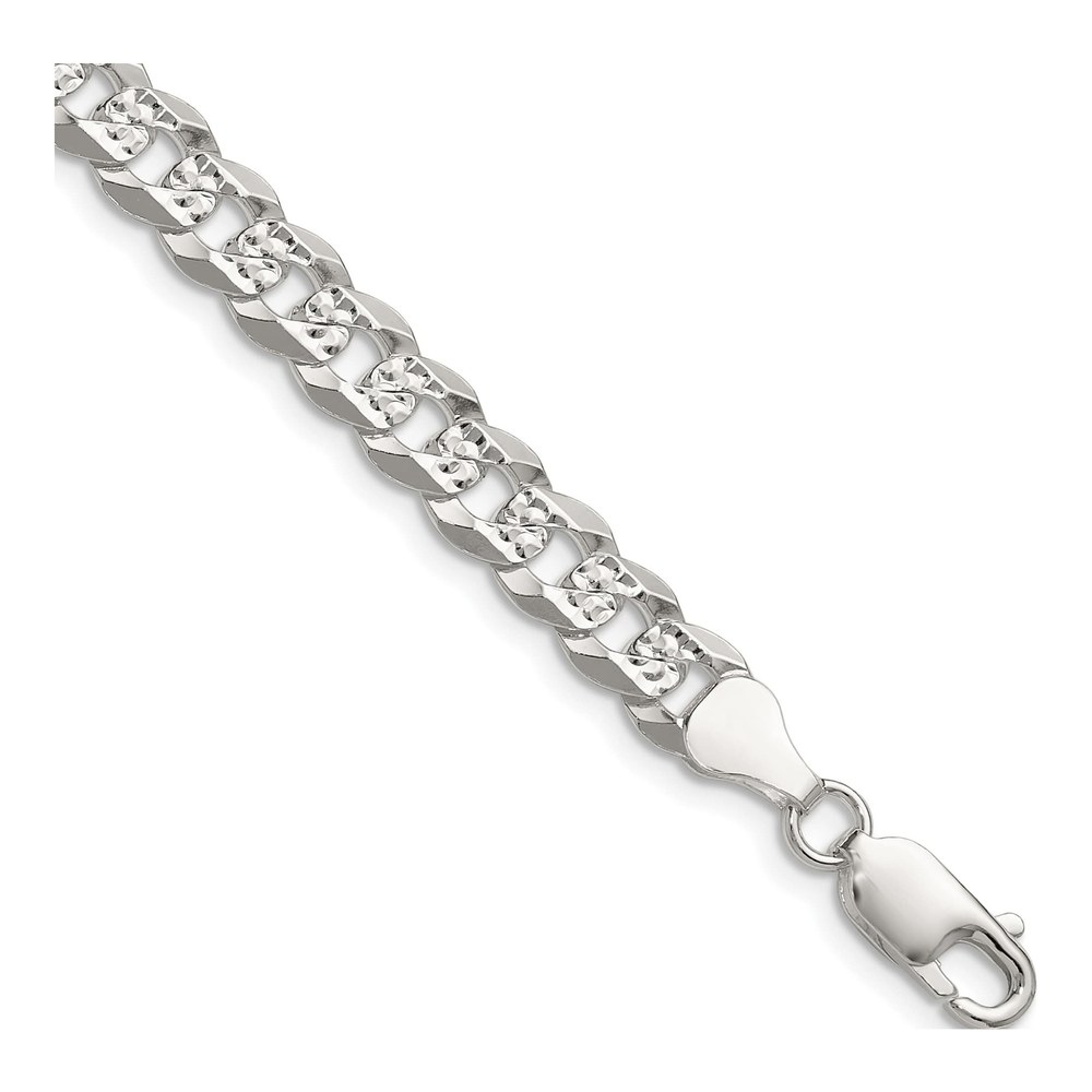 18 Inch Sterling Silver 6.75mm Flat Diamond-Cut Pave Curb Chain Necklace with Lobster Clasp