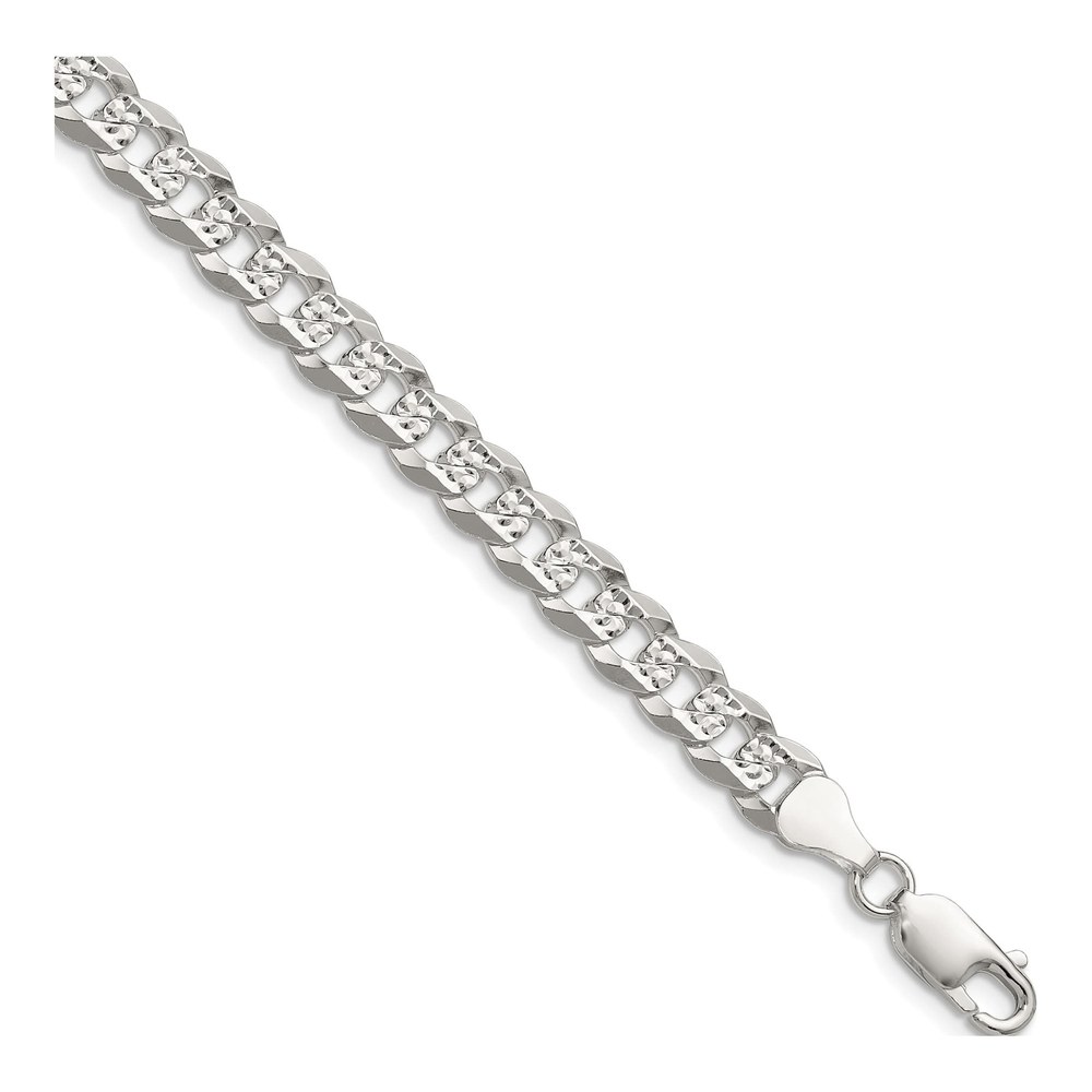7 Inch Sterling Silver 6.75mm Flat Diamond-Cut Pave Curb Chain Bracelet with Lobster Clasp