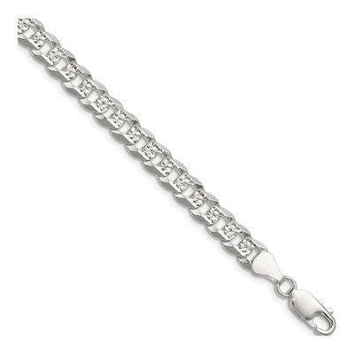 Sterling Silver 6.75mm Diamond-Cut Flat Pave Curb Chain Bracelet