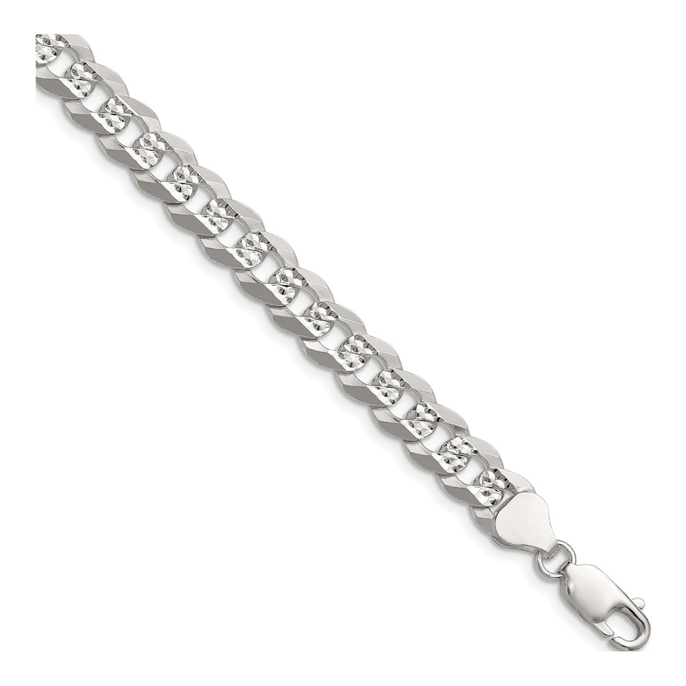 8 Inch Sterling Silver 7.9mm Flat Diamond-Cut Pave Curb Chain Bracelet with Lobster Clasp
