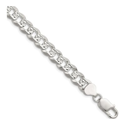Sterling Silver 8.25mm Diamond-Cut Flat Pave Curb Chain Bracelet