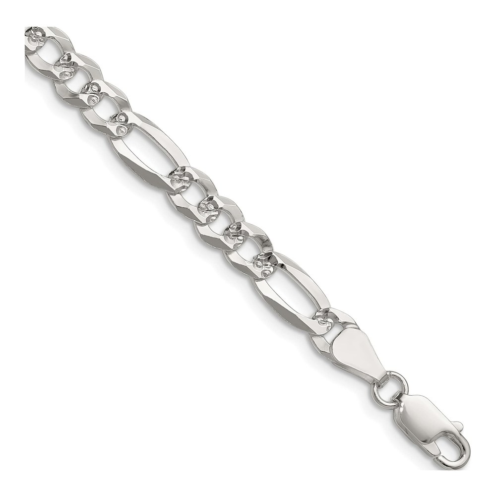 24 Inch Sterling Silver 6.1mm Flat Diamond-Cut Pave Figaro Chain Necklace with Lobster Clasp