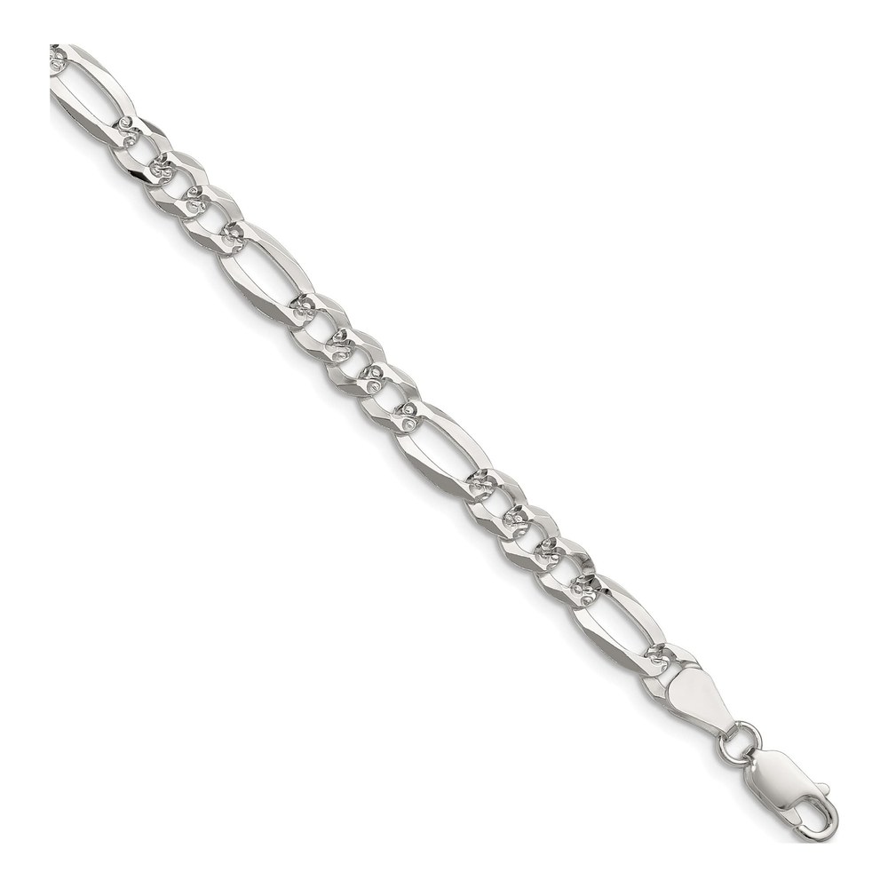 7 Inch Sterling Silver 6.1mm Flat Diamond-Cut Pave Figaro Chain Bracelet with Lobster Clasp