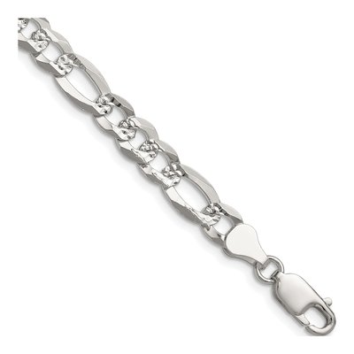 Sterling Silver 7mm Diamond-Cut Flat Pave Figaro Chain