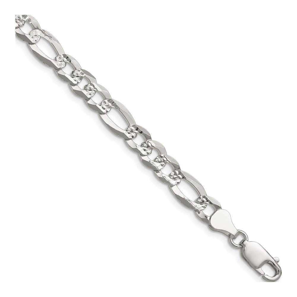 7 Inch Sterling Silver 7.0mm Flat Diamond-Cut Pave Figaro Chain Bracelet with Lobster Clasp