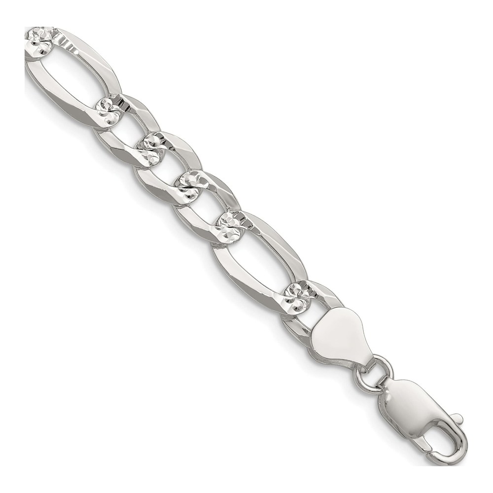 24 Inch Sterling Silver 8.0mm Flat Diamond-Cut Pave Figaro Chain Necklace with Lobster Clasp