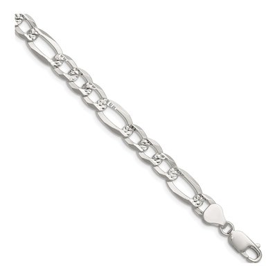 Sterling Silver 7.9mm Diamond-Cut Flat Pave Figaro Chain Bracelet