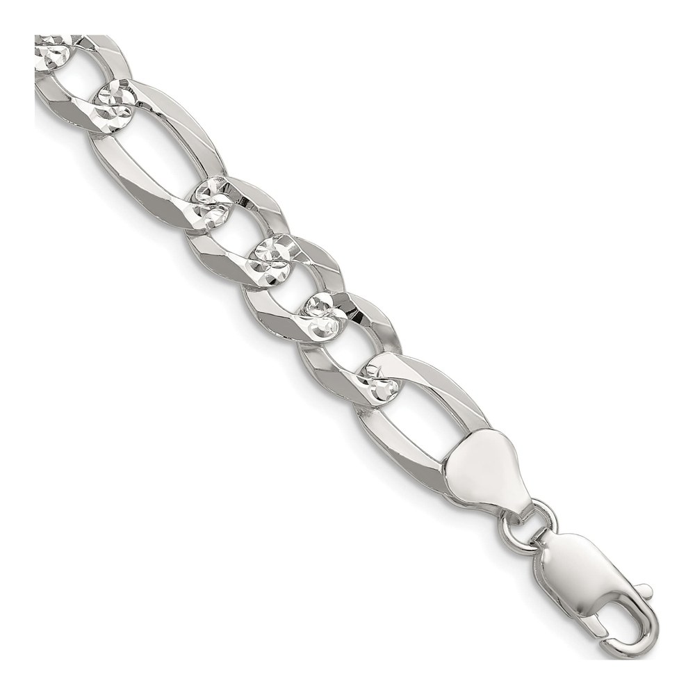24 Inch Sterling Silver 8.5mm Flat Diamond-Cut Pave Figaro Chain Necklace with Lobster Clasp