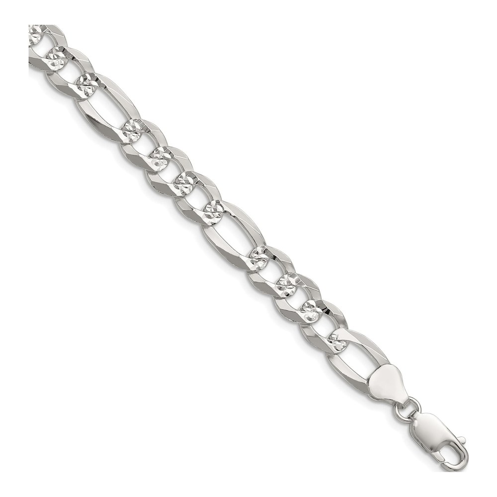 7 Inch Sterling Silver 8.5mm Flat Diamond-Cut Pave Figaro Chain Bracelet with Lobster Clasp