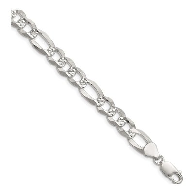 Sterling Silver 8.5mm Diamond-Cut Flat Pave Figaro Chain Bracelet