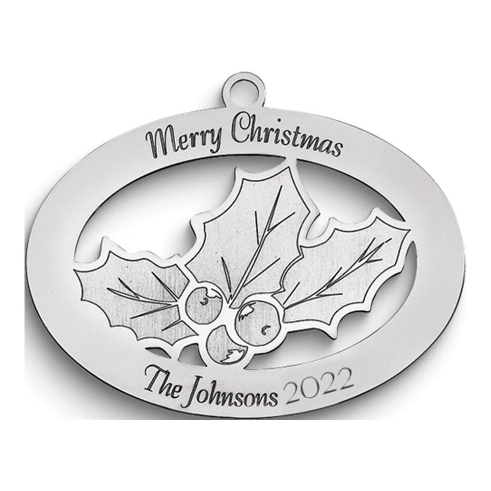 Personalized Sterling Silver Christmas Holly Ornament