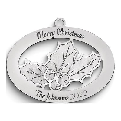 Personalized Sterling Silver Christmas Holly Ornament