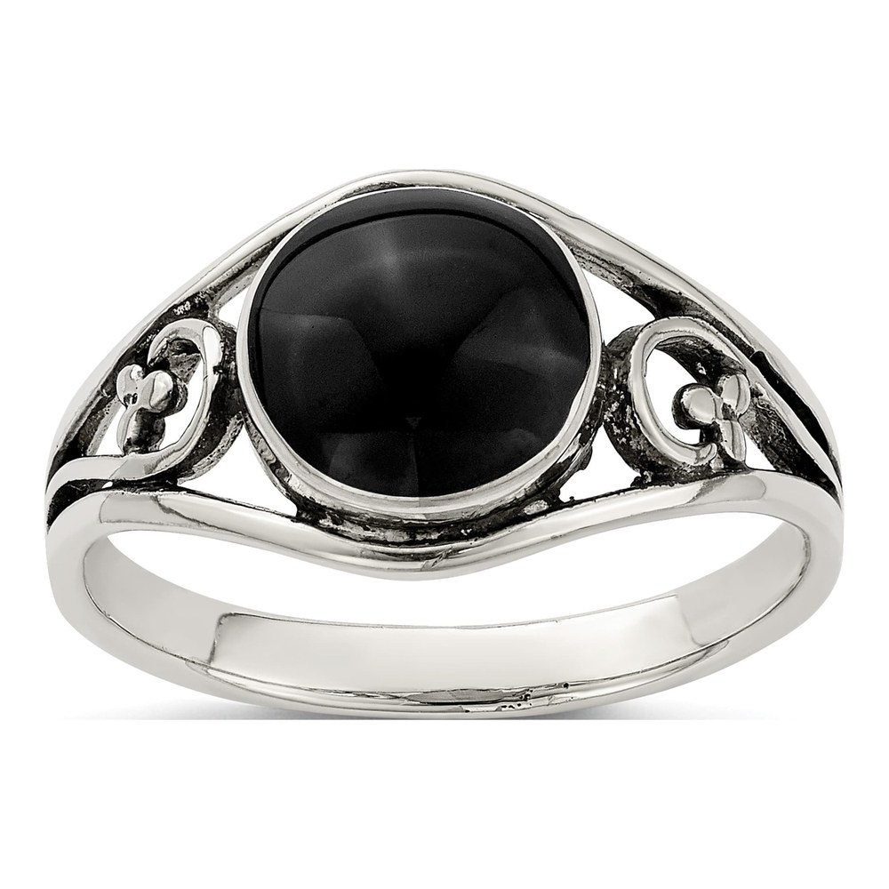 Sterling Silver Antiqued Black Agate Filigree Ring