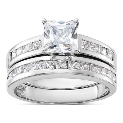 Sterling Silver CZ 2-Piece Wedding Ring Set, Size 6