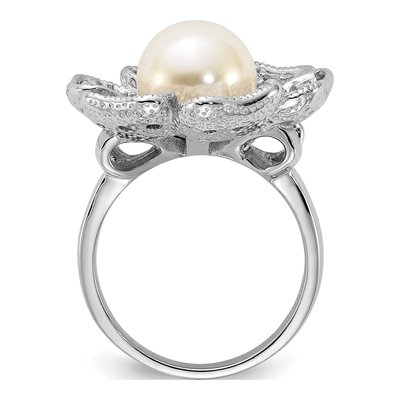 Sterling Silver Simulated Pearl & CZ Flower Ring – view 2