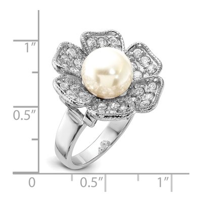 Sterling Silver Simulated Pearl & CZ Flower Ring – view 3