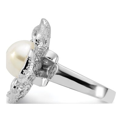 Sterling Silver Simulated Pearl & CZ Flower Ring – view 4