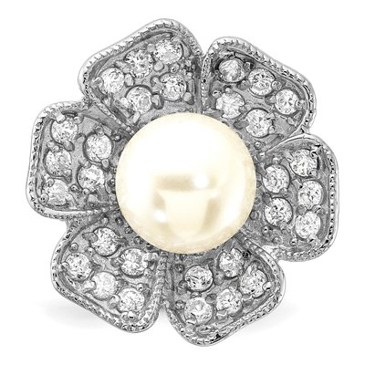 Sterling Silver Simulated Pearl & CZ Flower Ring – view 5