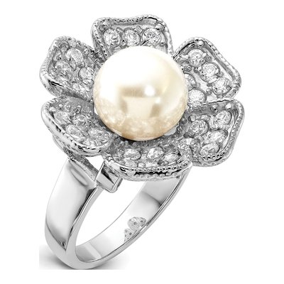 Sterling Silver Simulated Pearl & CZ Flower Ring