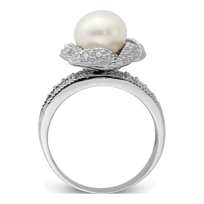 Sterling Silver Simulated Pearl & CZ Ring – view 2
