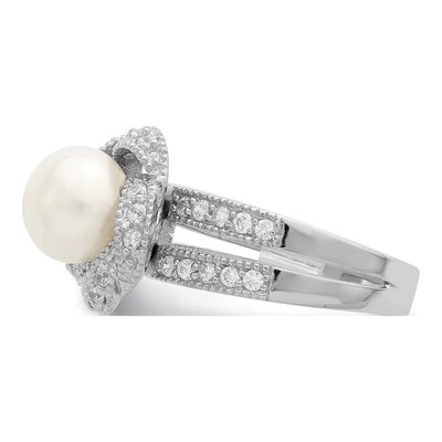 Sterling Silver Simulated Pearl & CZ Ring – view 4
