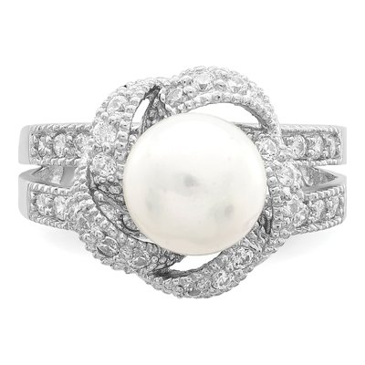 Sterling Silver Simulated Pearl & CZ Ring – view 5