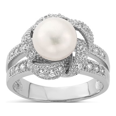 Sterling Silver Simulated Pearl & CZ Ring