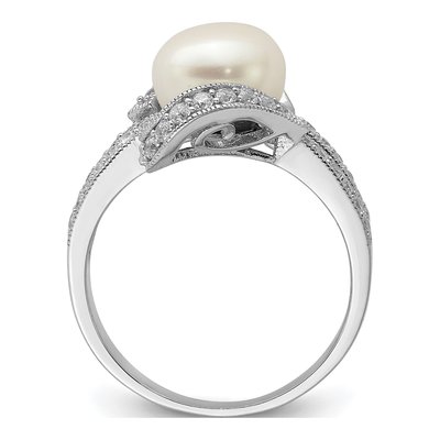 Sterling Silver Simulated Pearl & CZ Ring – view 3