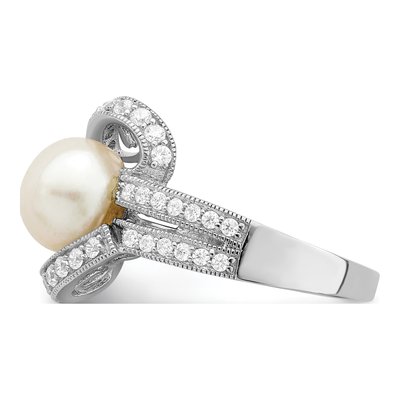 Sterling Silver Simulated Pearl & CZ Ring – view 4