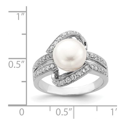Sterling Silver Simulated Pearl & CZ Ring – view 5