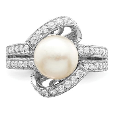 Sterling Silver Simulated Pearl & CZ Ring – view 6