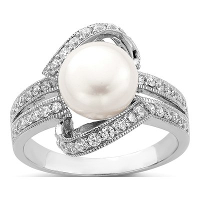 Sterling Silver Simulated Pearl & CZ Ring