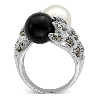 Sterling Silver Simulated Pearl Marcasite Ring – view 3