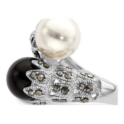 Sterling Silver Simulated Pearl Marcasite Ring – view 4