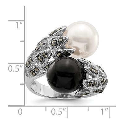 Sterling Silver Simulated Pearl Marcasite Ring – view 5