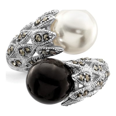 Sterling Silver Simulated Pearl Marcasite Ring – view 6