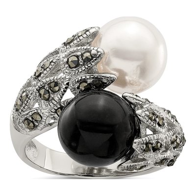 Sterling Silver Simulated Pearl Marcasite Ring