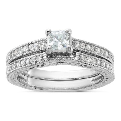 Sterling Silver CZ 2-Piece Wedding Ring Set