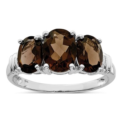 Sterling Silver Smoky Quartz & Diamond 3-Stone Ring
