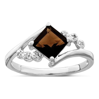 Sterling Silver Smoky Quartz & Diamond Princess-Cut Ring