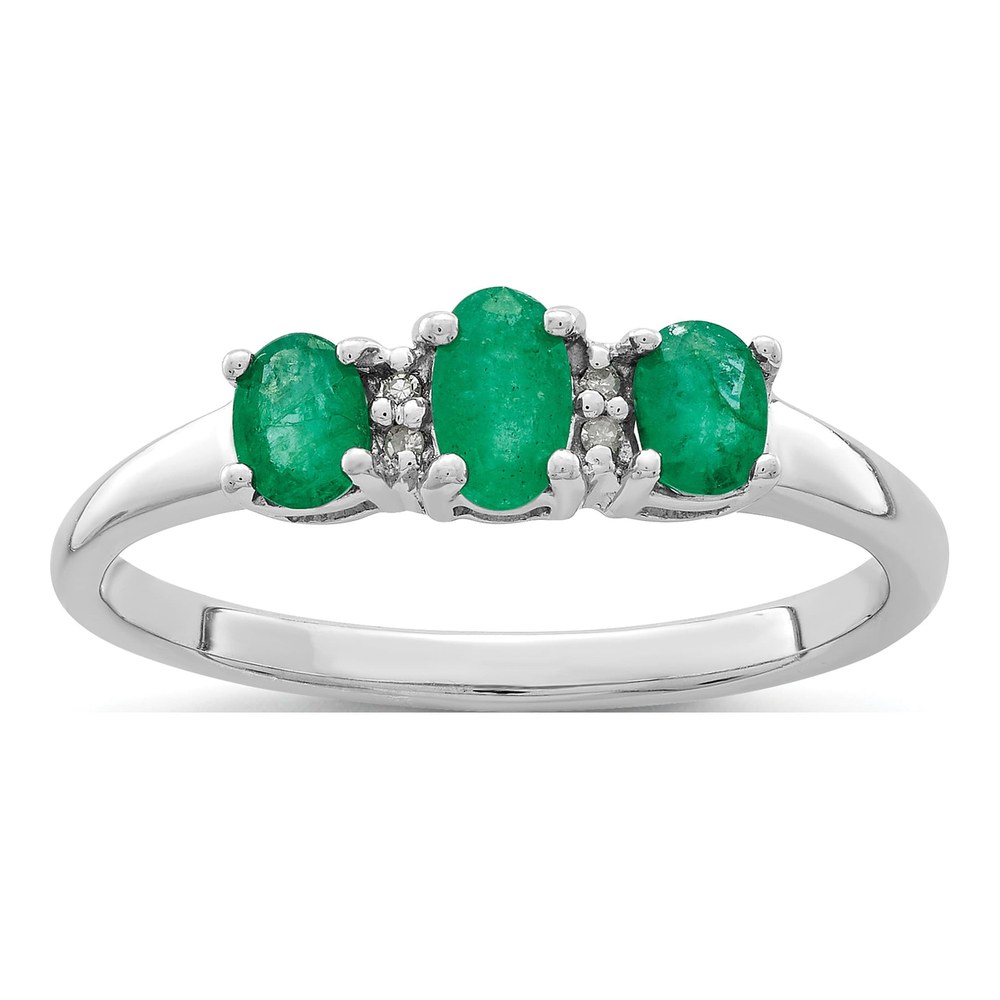 Sterling Silver Emerald & Diamond 3-Stone Ring