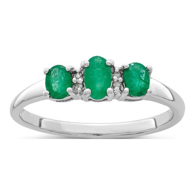 Sterling Silver Emerald & Diamond 3-Stone Ring