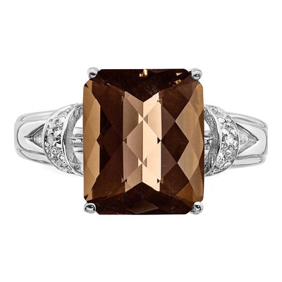 Sterling Silver Smoky Quartz & Diamond Octagonal Checker-Cut Ring – view 4
